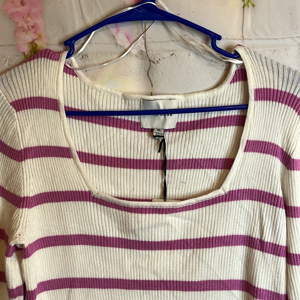 NWT PINK ROSE PINK AND WHITE STRIPED SQUARE NECK SWEATER XL - Picture 2 of 8